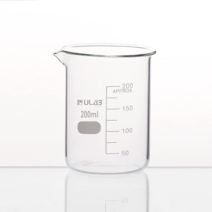 ULAB Scientific Glass Beakers, Vol. 200ml, 3.3 Borosilicate Griffin Low Form with Printed Graduation, Pack of 4, UBG1032