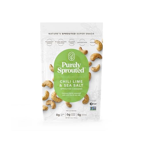 Purely Sprouted Cashews Chili Lime Sea Salt, Non-GMO Superfood for Healthy, Certified USDA Organic, Gluten-Free Snacking (4 oz, 6 pack)
