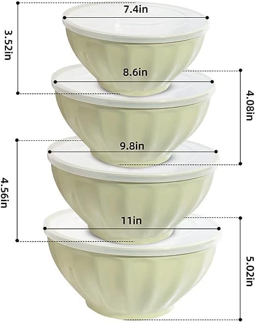 Mixing Bowls with Lids Set,Plastic Prep Bowl with Lid,Mixing Bowl Set for Kitchen Cooking, Baking,Storage Food,4 Big Nesting Bowls and 1 Egg Whisk,Stackable,Green