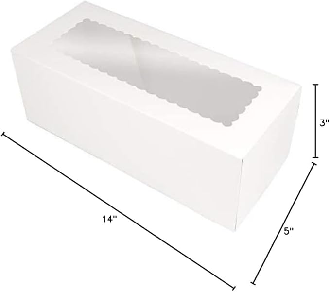 O'CREME White Rectangular Cake Box 14.5 Inch x 5 Inch x 3 Inch High with Scalloped Window - Pack of 5