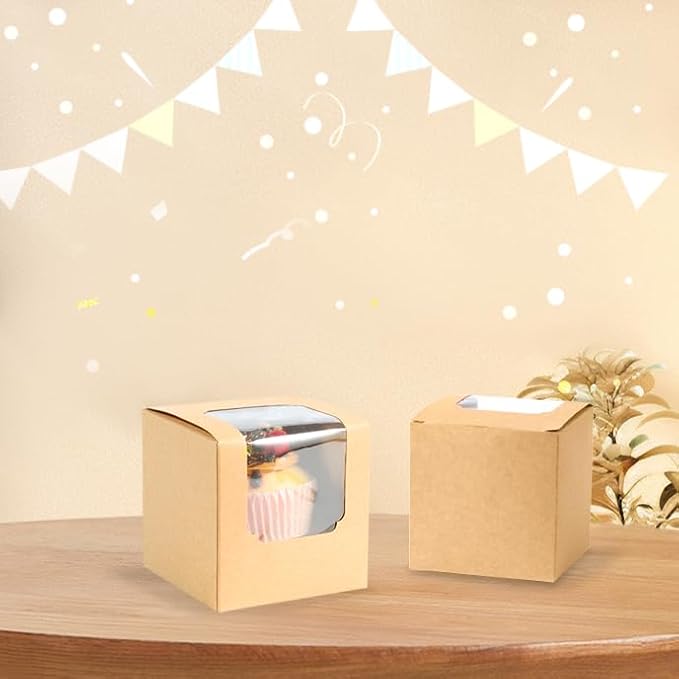 ihomecooker 25 Pcs Single White Cupcakes Containers Gift Boxes with Window Inserts Handle for Wedding Candy Boxes (25P-Brown)