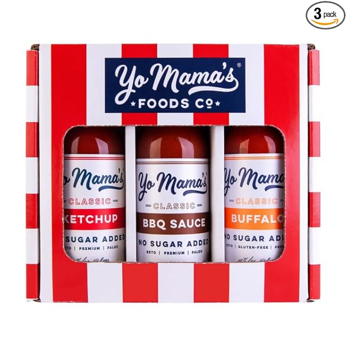 Yo Mama’s Foods Low Carb Condiments Gift Set | Includes (1) Buffalo Sauce, (1) Classic Ketchup, (1) BBQ Sauce | Keto-Paleo | All-Natural | Gluten-Free and Made from Fresh Ingredients