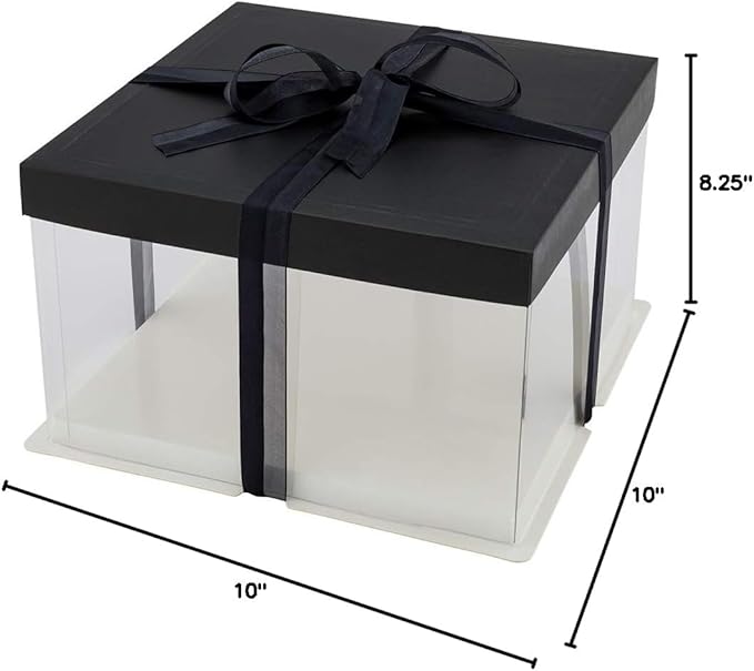 Restaurantware Sweet Vision 10 Inch x 8.25 Inch Transparent Cake Boxes 10 Grease Resistant Base Clear Cake Boxes - Black Lid Black Ribbon Plastic Birthday Cake Boxes For Weddings Or Birthdays
