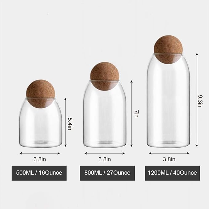 500ML/16Oz Clear Glass Storage Cute Canister Holder Ball Wood Cork Top, Modern Decorative Cylinder Container Jar with Round Lid for Coffee, Spice, Candy, Salt, Cookie Cool Terrarium Bottle
