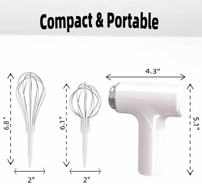 Cordless Hand Mixer, One Touch Off Handheld Electric Whisk with 3 Speed Modes, Hand Held Egg Beater with 2 Detachable Stir Whisks (White)