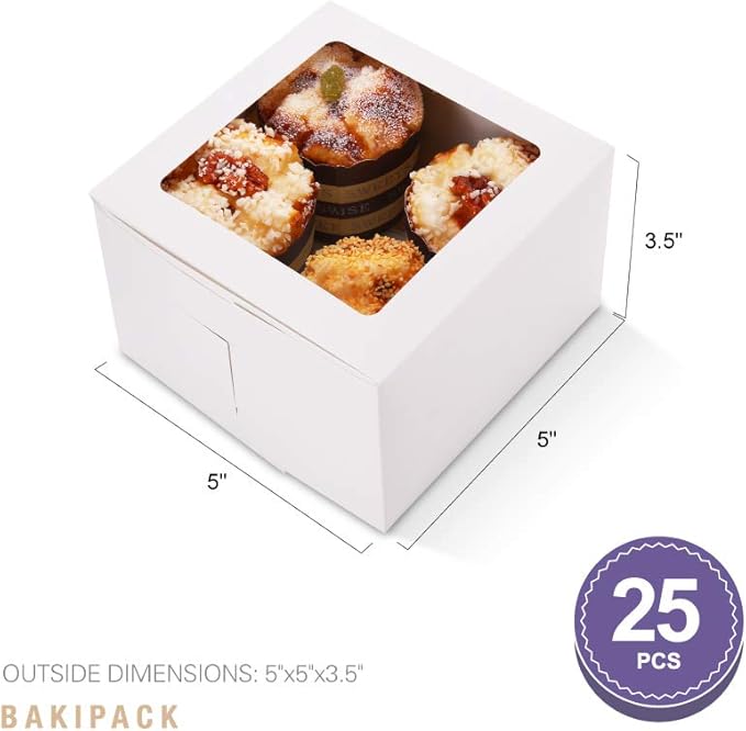 25 White Bakery Boxes with Window 5x5x3.5 Inches, Dessert Boxes to Go with Window, Treat Boxes for Small Bakery, Dessert, Candy, Cookies, Pastry, Party Favors, Wedding Cake