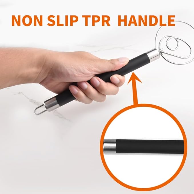 Guowall Stainless Steel Dough Whisk for Dutch Bread with Rubber Anti-slip Handle Manual Dough Mixer Pastry Blender Whisking Tools for Baking - 12 inch