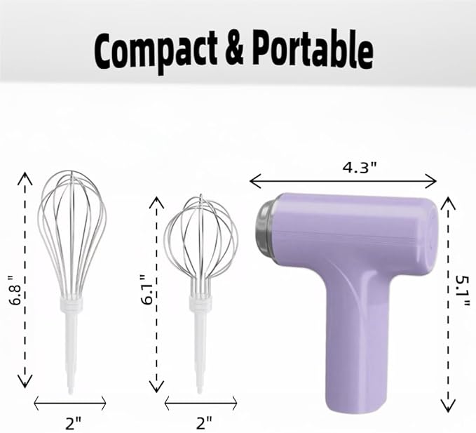Cordless Hand Mixer, One Touch Off Handheld Electric Whisk with 3 Speed Modes, Hand Held Egg Beater with 2 Detachable Stir Whisks (Purple)
