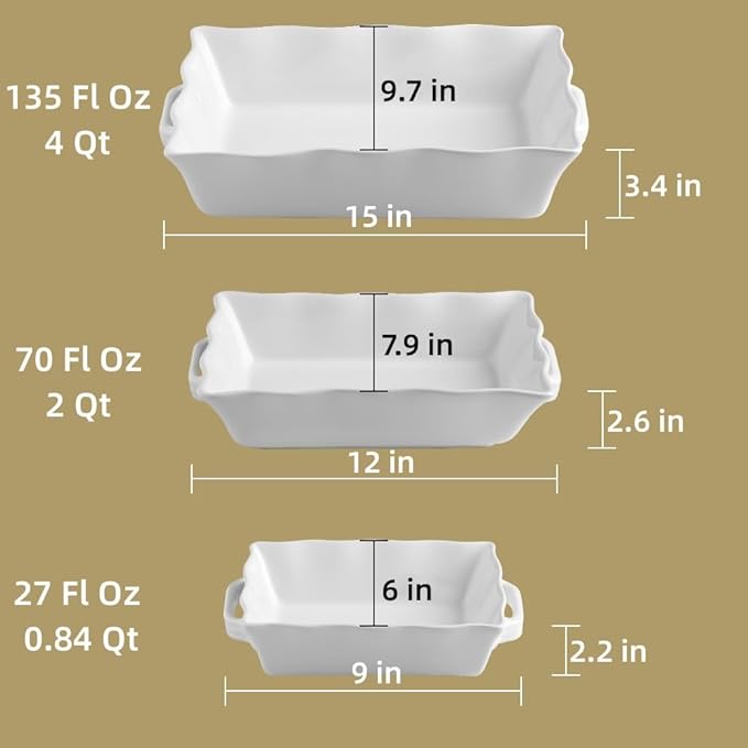 Sweejar Casserole Dishes for Oven, Ceramic Bakeware Set of 3, Rectangular Baking dish with Handles, Wave Edge Lasagna Pan Deep for Cooking, Cake, Dinner, Banquet and Daily Use (Turquoise)