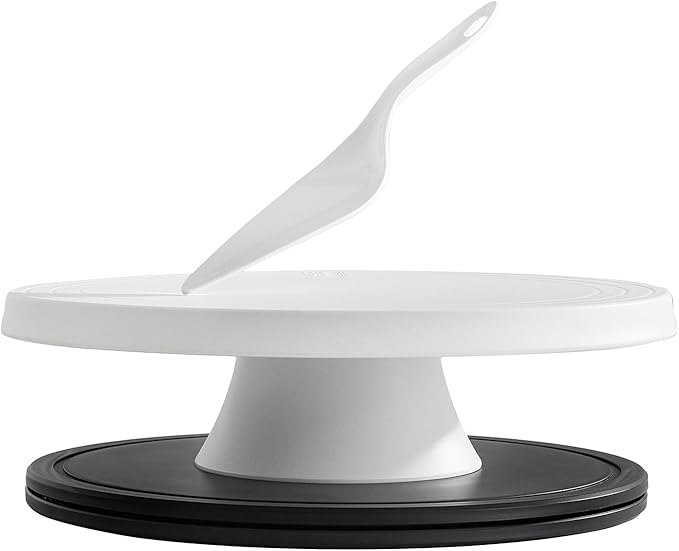 12 inch Revolving Cake Stand with Spatula, White Rotating Cake Turntable for Cake, Bamboo Fiber, Multi-Functional Rotating Cake Stand for Decorating Used as Cake Plate Holder & Serving Platter