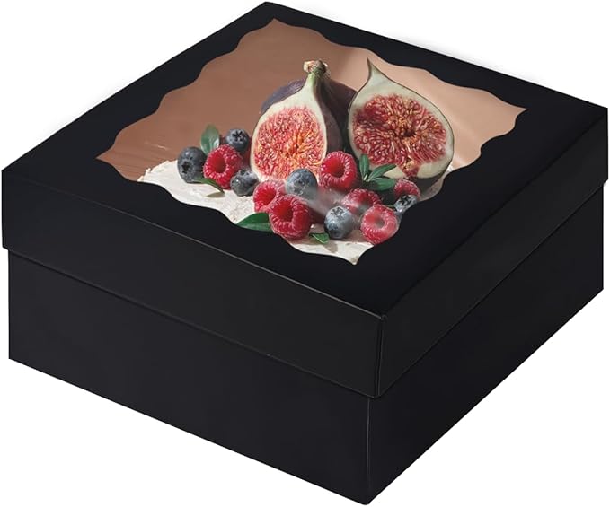 qiqee Black 12x12x8 Cake Box, 4 Sets Black Cake Box with Window & 4 Sets 12" Black Cake Round Boards, 12inch Cake Containers