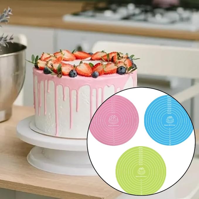 3 Pcs Silicone Cake Mats, 12 Inch Silicone Baking Mat with Measurements Reusable Round Non-Stick Non-Slip Heat Resistant Sheets for Cake Turntable, Pizza Dough Pastry Rolling (Pink, Blue, Green)