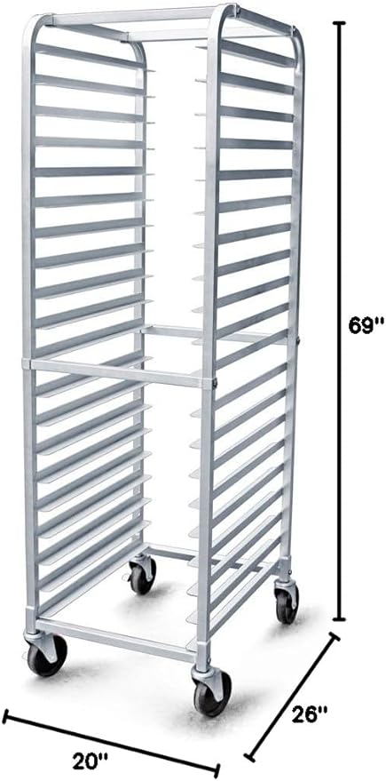 New Star Foodservice 36527 Commercial-Grade Aluminum 20-Tier Sheet Pan/Bun Pan Rack, 26" L x 20" W x 69" H with Brake Wheels Silver