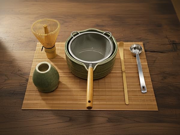 Matcha Whisk Set, 7 Pcs Matcha Kit with Spouted Bowl, Sifter and Whisk Holder. Complete Macha Whisk Set Making Kit includes ceremonial Japanese traditional Bamboo whisk (Chasen) for Matcha Lover