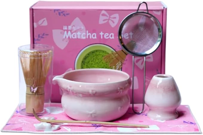 7pcs soft pink matcha whisk set with cute bow and heart motif - complete kit includes bamboo whisk, bowl, stand, scoop, sifter, tea towel -ideal gift for women and Japanese tea ceremony