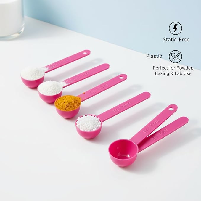 5g Plastic Measuring Spoons (10ml) – Pack of 5 Small Scoops for Protein Poweder, Creatine, Coffee, Lab, Baking, Laundry, Canisters, Dry Goods – 1 Teaspoon Measuring Spoons (tsp), Pink