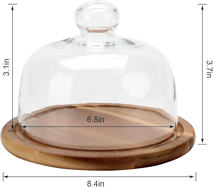 8.6''Cake Stand with Glass Dome, 2-in-1 Acacia Wood Cheese Cupcake Decorative Tray, Glass Dome with Base, 6.6" Cake Fruit Display Server Platter for Kitchen, Party, Appetizer (Wood 8.6 inch)