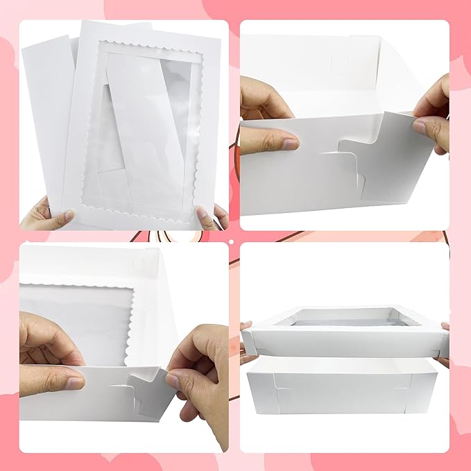MUMULULU 4 PCS 19x14x5 Inch Cake Boxes with Cake Board White Sheet Rectangular Bakery Boxes with Window for Cookies Dessert Cupcakes Pastry Baking Pie Packaging