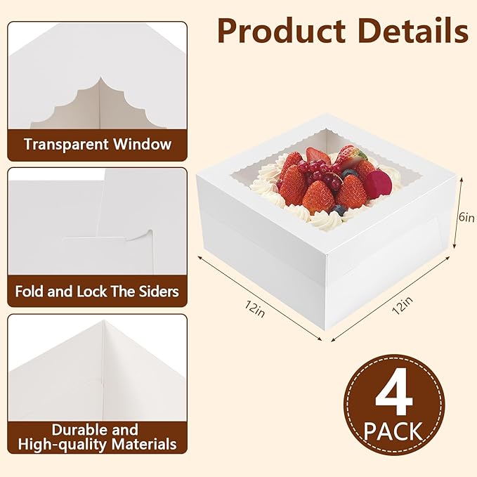 NEOACT 12x12x6 Bulk 4 Pcs Cake Boxes 12 Inch Square Cake Boxes with Window, Cake Containers with Lids, Disposable Bakery Boxes for Valentine's Day,Easter, Mother's Day, Cookies, Large Pastries