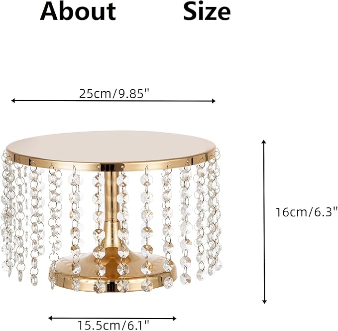 LANLONG Cake Stand for Dessert Table 10 Inch Gold Crystal Pendants Metal Cake Stand Serves as A Round Dessert Cupcake Display Plate for Table, Wedding, Party, Event