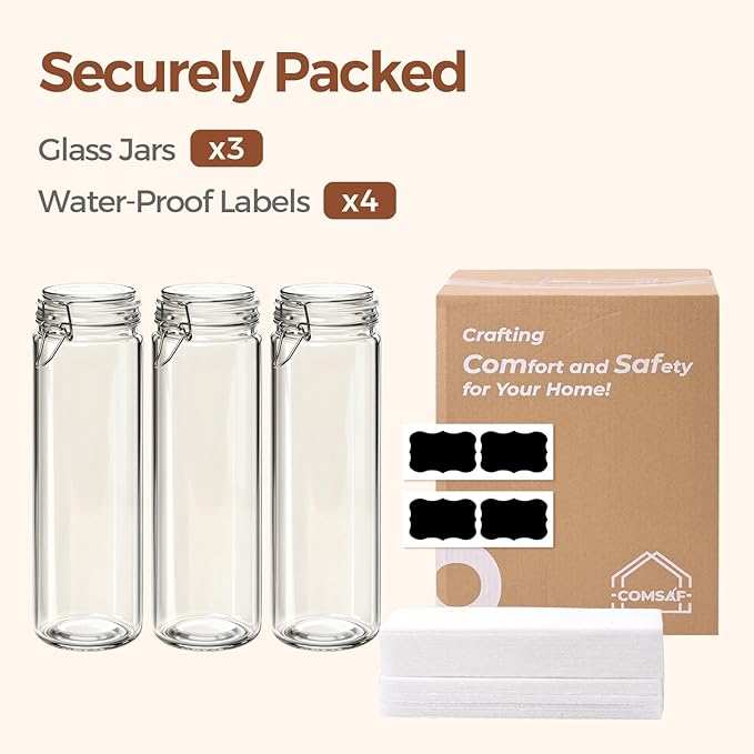 ComSaf Airtight Glass Jars Set of 3, 0.5 Gallon Food Storage Jar with Lids, Tall Spaghetti Container with Clear Preserving Seal Wire Clip Fastening, Pasta Storage Containers for Kitchen Canning