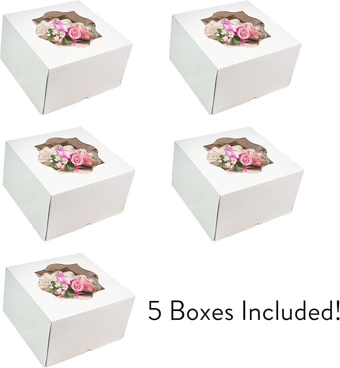 Global Sugar Art Auto-Popup Deep Square Cake Box with Window, White 8 x 8 x 5 Inches, 5 Count