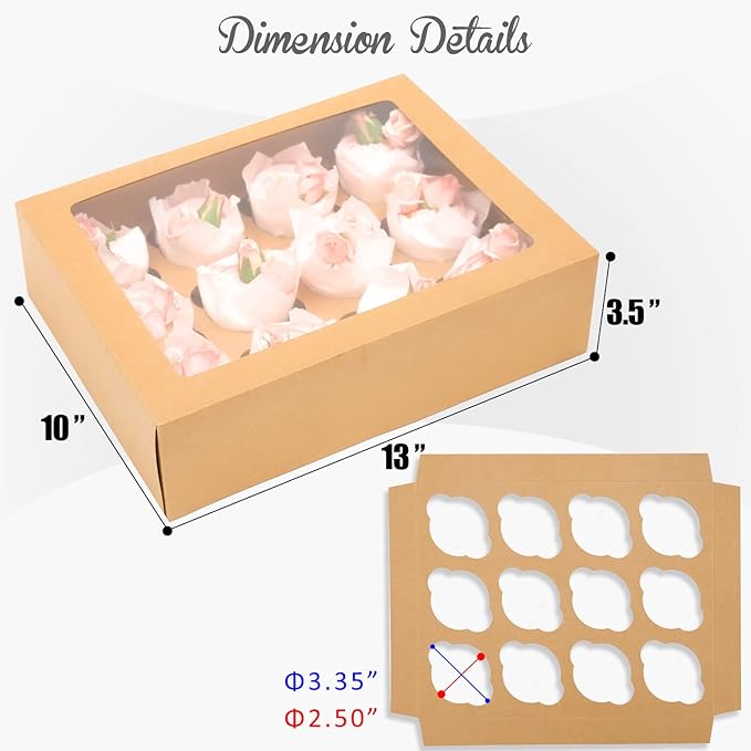 12 Cupcake Containers 12-Packs Brown Cupcake Box Cupcakes Carrier, 12 Cupcake Boxes with Window 13"x10"x3.5"(Auto-pop up)