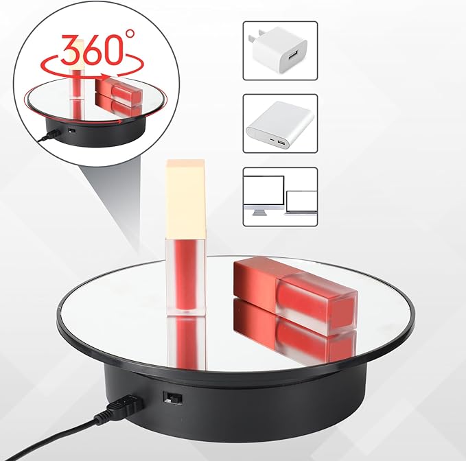 Marsui 2 Pieces Rotating Display Stand 7.87'' Mirror Cover 360° Automatic Electric Motorized Turntable for Photography Products Jewelry Cake 3D Model Display Supplies, Battery Operated /USB Power