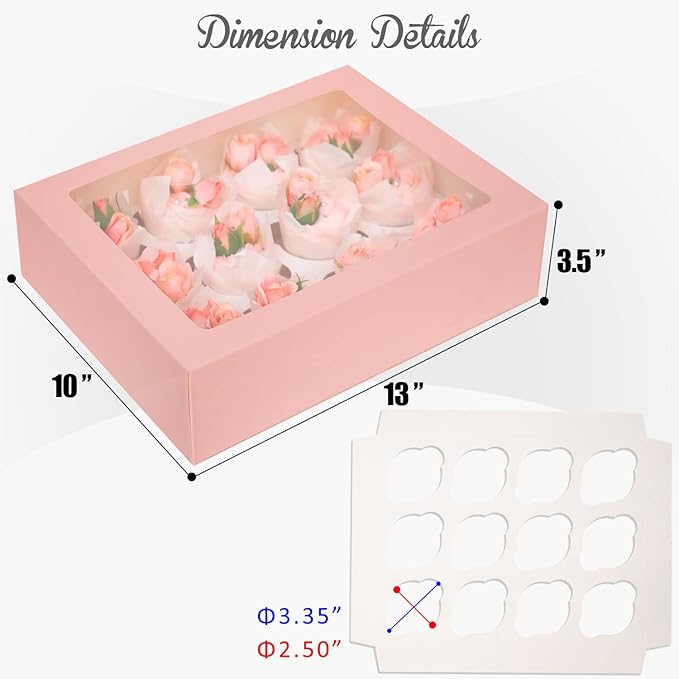 Bakepacker 12 Cupcake Containers 10-Packs Pink Cupcake Box Cupcakes Carrier, 12 Cupcake Boxes with Window 13"x10"x3.5"(Auto-pop up)