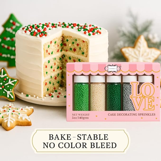 Confect Edible Pearl Sprinkles – Festive Mix of Red, White, Silver & Green Disco Ball Sprinkles – Cake & Cupcake Toppers for Baking, Decorating, and Party Treats- 5 Oz