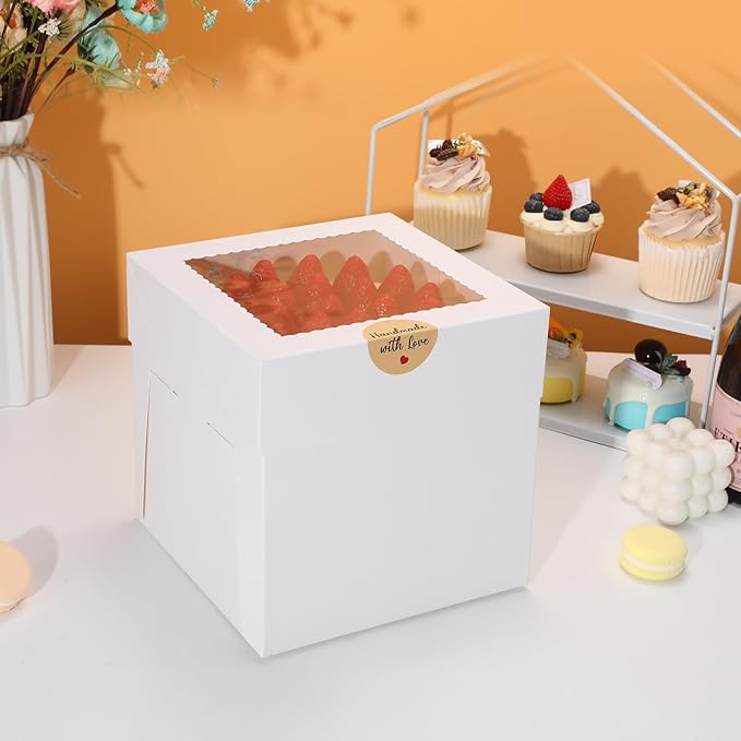 COTOPHER 5Pcs 8x8x8 Inches Cake Boxes, Square Bakery Boxes with Window, Cajas Pasteles for Valentine's Day, Mother's Day,Wedding, Birthday, Party Cake Decorating Supplies for Gift Giving
