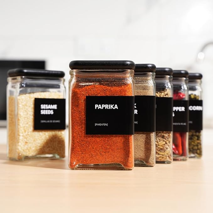APT 1101 Glass Square Spice Jars with Labels, 4oz Glass Jars with Bamboo Lids, Spice Bottles, Seasoning Organizer, 12 Pack (Black)
