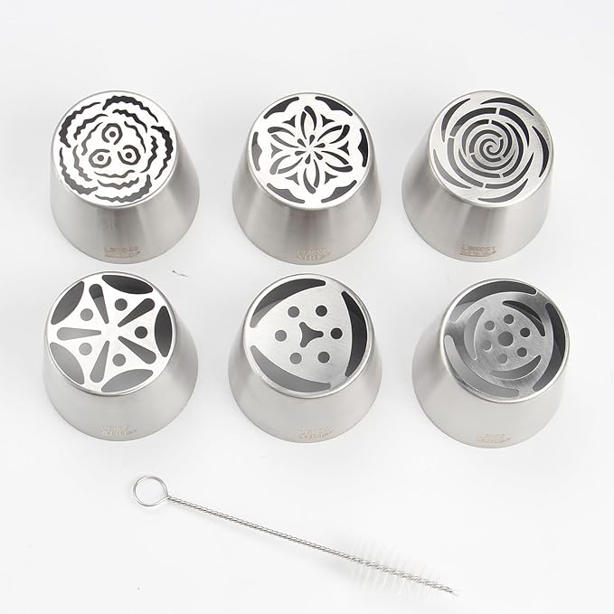 Extra Large Russian Piping Tip Set - 6 Stainless Steel Marshmallow Buttercream Framing Nozzles for 3D Roses Tulip Cake Decorations and Marshmallow Bouquets, Includes 1 Cleaning Brush(6D)