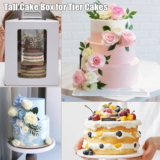 2 Pack Cake Boxes with Cake Boards and Cake Stickers, 12 Inch Tall Cake Carrier with Window&Handle, Layer Cake Box, Disposable Cake Containers/Carrier for Wedding Birthday
