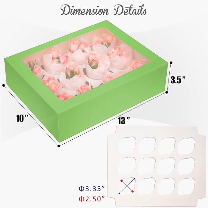 12 Cupcake Containers 10-Packs Avocado Cupcake Box Cupcakes Carrier, 12 Cupcake Boxes with Window 13"x10"x3.5"(Auto-pop up)