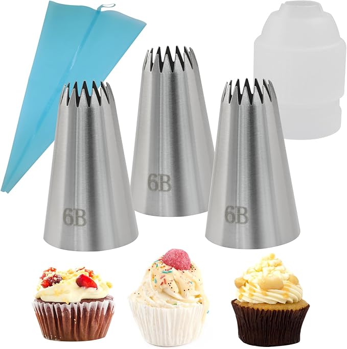 3 Pcs 6B Piping Tips, Stainless Steel Decorating Seamless Nozzles Icing Tips with Coupler Adapter & 12In Silicone Pastry Bag, Baking Tools for Birthday Cakes/Cupcakes/Cookie