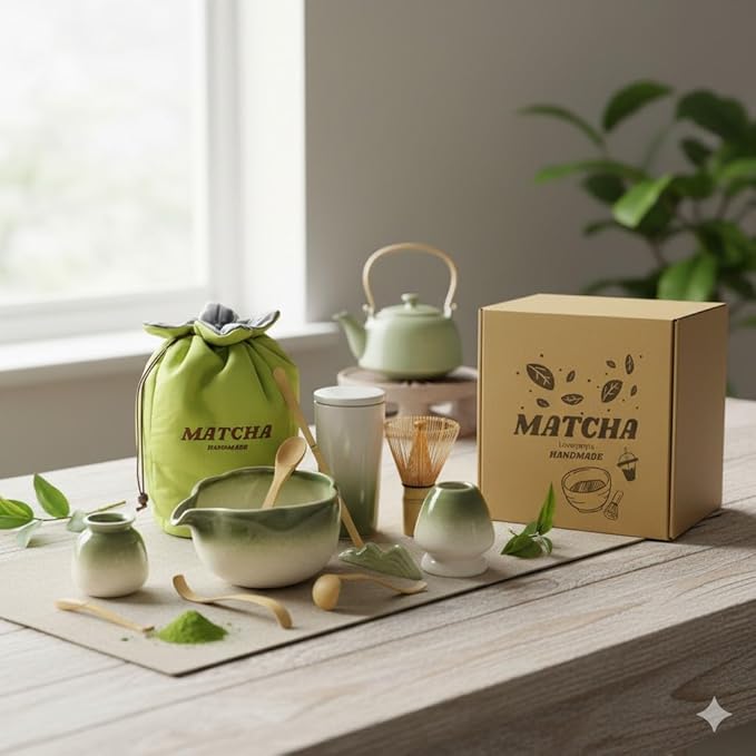 Matcha Whisk Set, 10 Pcs Large Set, Matcha Bowl with Whisk Holder and Spoon Rest All In One Bag, Sakura pink and Matcha Green, Perfect for Enthusiasts, Gift-giving, Christmas Gift