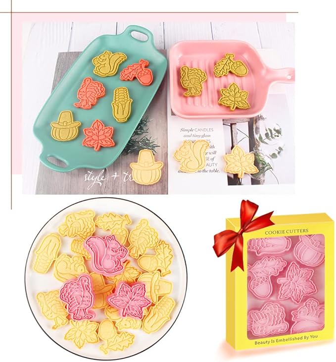 Novel Thanksgiving Cookie Cutters and Stamper, Maple Leaf, Squirrel, Hazelnuts, Turkey, Corn, Pumpkin 3D Cookie Cutters Set for Thanksgiving Baking (Pack of 12)