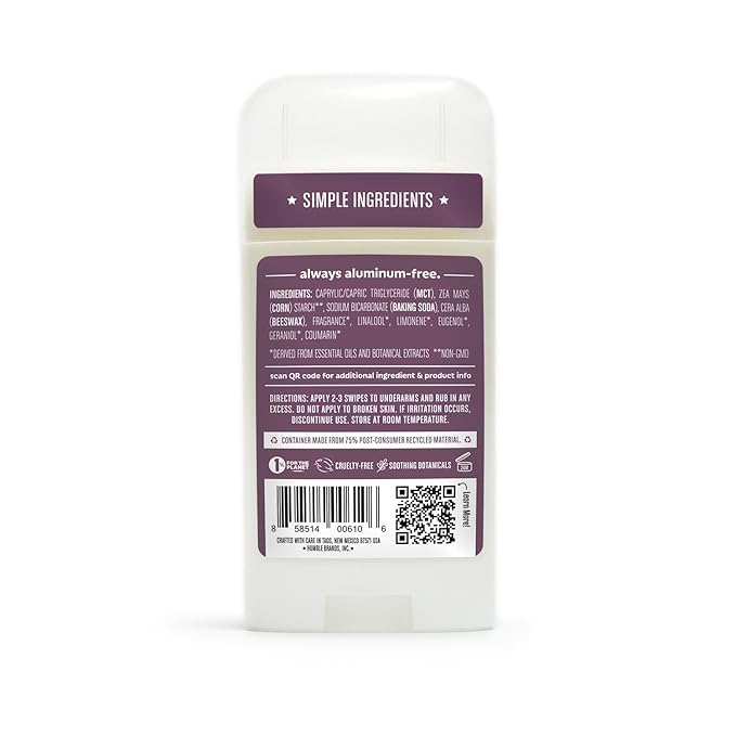 HUMBLE BRANDS Original Formula Aluminum-free Deodorant. Long Lasting Odor Control with Baking Soda and Essential Oils, Lavender and Holy Basil, Pack of 1