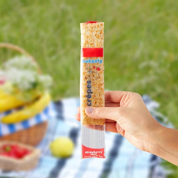 bakerly Strawberry Filled Crepes to go! Non GMO, Free from Artificial Flavors & Colors, Pack of 4, 6-Count (24 Total Crepes)