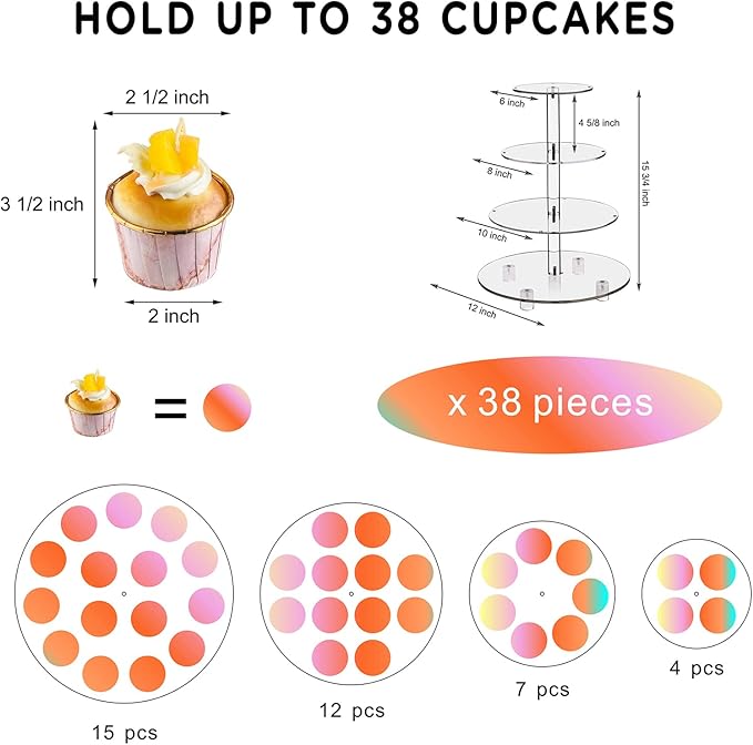 Cupcake Stand, 4-Tier Round Cupcake Holder with LED light String, Acrylic Cupcake Tower Display-Dessert Tower-Pastry Stand-Cupcake Tier Stand for Wedding, Birthday party ( Colorful Light)