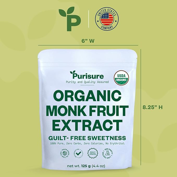 Organic Monk Fruit Sweetener, 125g (4.41oz), No Fillers Pure USDA Organic Monk Fruit Extract Powder with No Aftertaste, Zero Calorie & Zero Carbs, Keto & Paleo Friendly 320-400 Servings