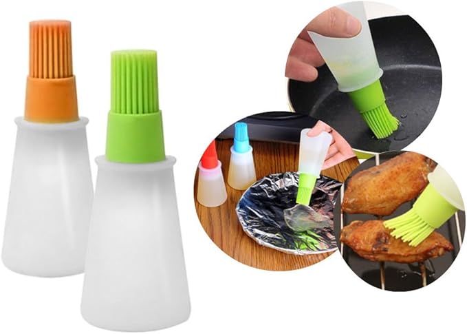 AKOAK BBQ/Pastry Basting Brushes,Silicone Cooking Grill Barbecue Baking Pastry Oil/Honey/Sauce Bottle Brush,Set of 2,Green and Orange