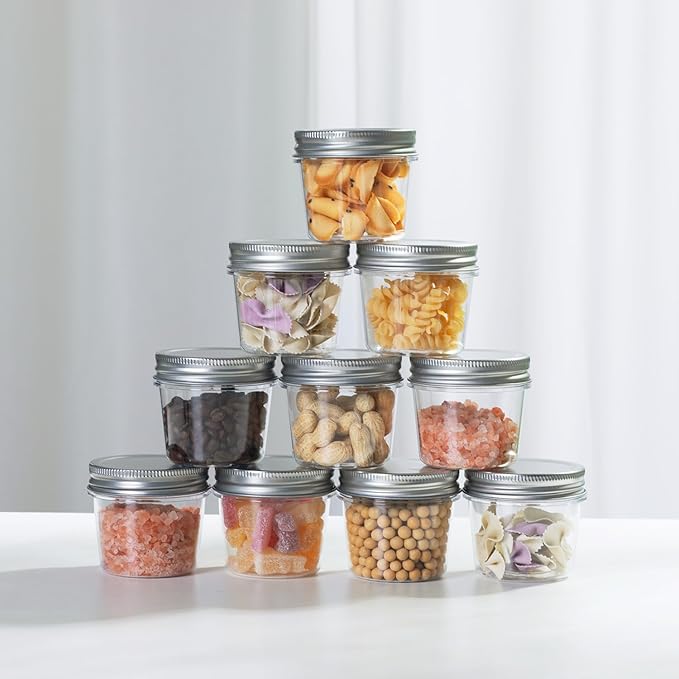 novelinks Plastic Jars With Lids 60Pcs 4oz Mason Jars Silver Plastic Jar Food Storage Small Mason Jars 4 oz for Milkshakes Juice Nuts Cupcakes Candy (Silver, 60 Pack 4 Ounce)