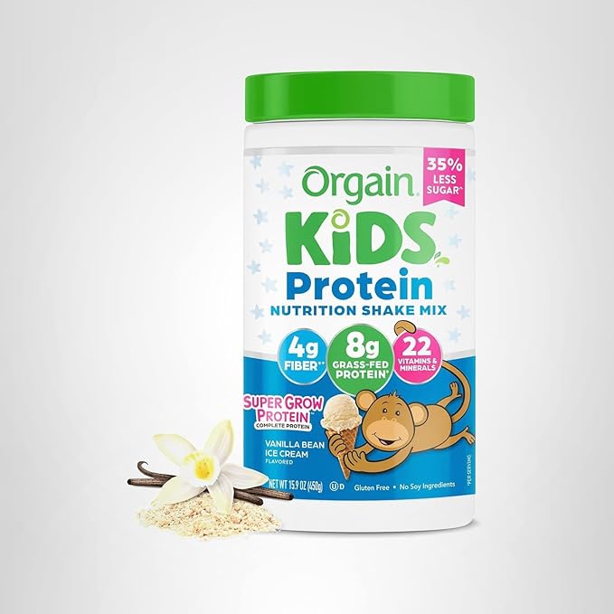 Orgain Kids Protein Powder Shake Mix, Vanilla Bean Ice Cream - 8g Grass-Fed Dairy Protein, 4g Fiber, 22 Vitamins & Minerals, Gluten Free, No Soy Ingredients, Adds Healthy Nutrients to Kids Snacks, 1lb