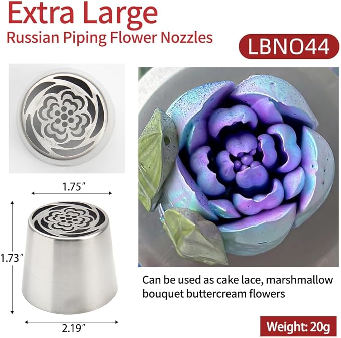 Extra Large Russian Piping Tip Set - 6 Stainless Steel Marshmallow Buttercream Framing Nozzles for 3D Roses Tulip Cake Decorations and Marshmallow Bouquets, Includes 1 Cleaning Brush(6B)