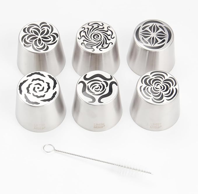 Extra Large Russian Piping Tip Set - 6 Stainless Steel Marshmallow Buttercream Framing Nozzles for 3D Roses Tulip Cake Decorations and Marshmallow Bouquets, Includes 1 Cleaning Brush(6F)