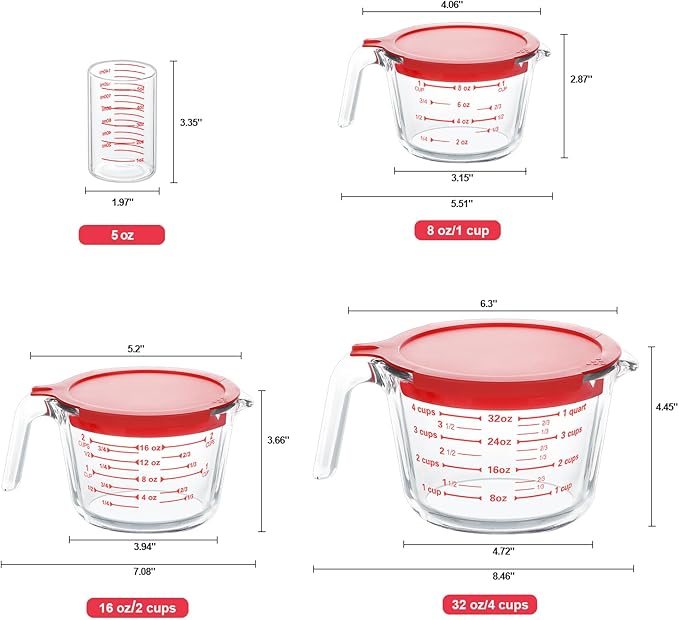 KOMUEE 4 Piece Glass Measuring Cups Set, 5 Oz, 1-Cup, 2-Cup, 4-Cup Liquid Measuring Cups with Lids for Kitchen, Freezer and Microwave Safe