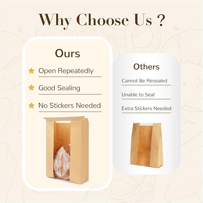 100 Pack Paper Bread Bags with Tabs for Homemade Sourdough, Large Bakery Bags with Window for Sourdough Boule, Bread Loaves, Bagels, Pastries, Baguettes (8.3x3.5×13 Inches)