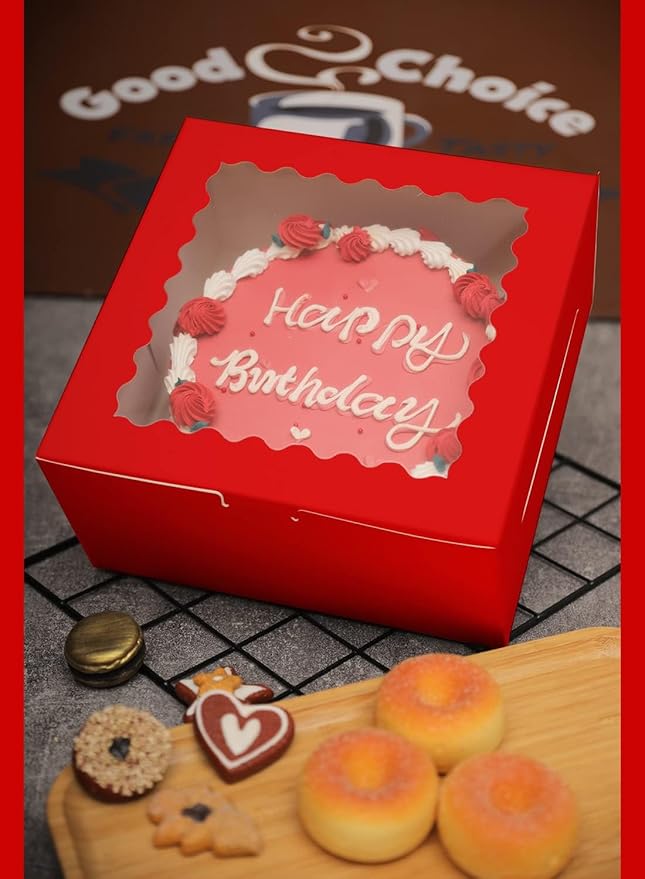 Bakepacker 36pcs 10x10x5 Inches Red Cake Boxes with Window 18-Packs, 10 Inch Bakery Boxes (18 Cake Boxes +18 Cake Boards Included)